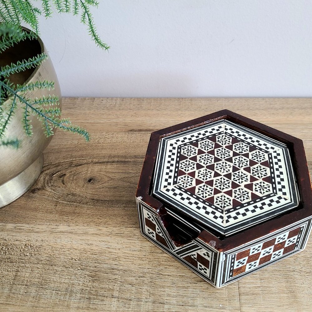 Set of 6 wooden mosaic marquetry coasters in box.
